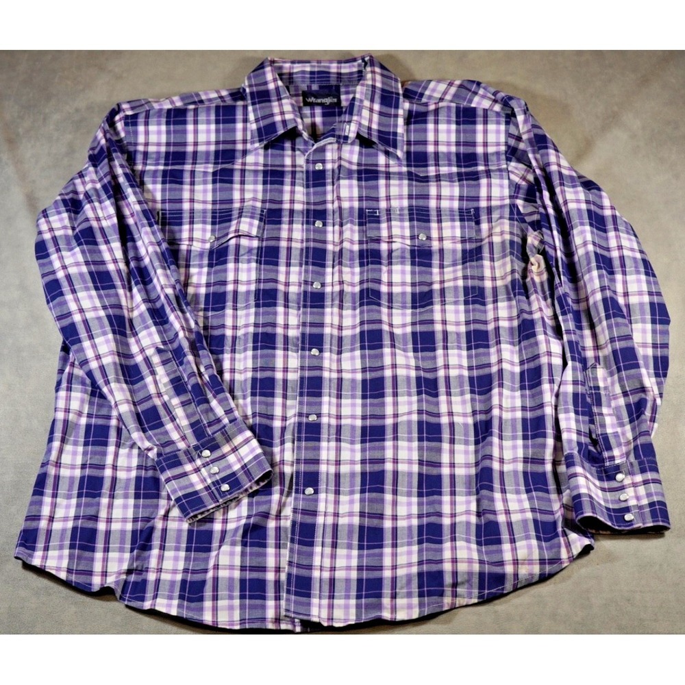 Wrangler Pearl Snap Shirt Mens 2XL Long Sleeve Button Up Purple Plaid Western